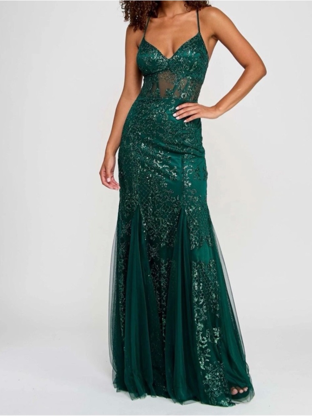 City Studio Green Sequin Strappy Evening Gown